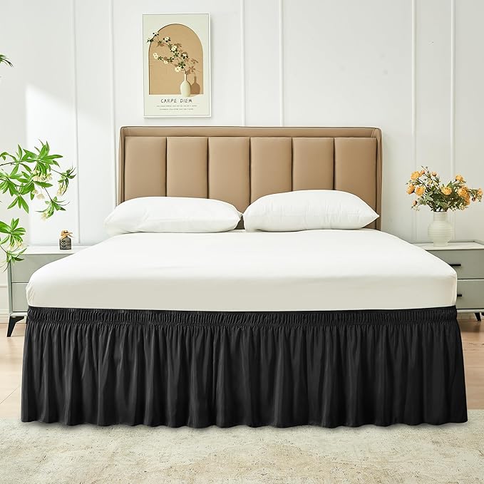 Biscaynebay Wrap Around Bed Skirts for King & Cal King Beds 14" Drop, Black Adjustable Elastic Dust Ruffles Easy Fit Wrinkle & Fade Resistant Silky Luxurious Fabric Solid Machine Washable