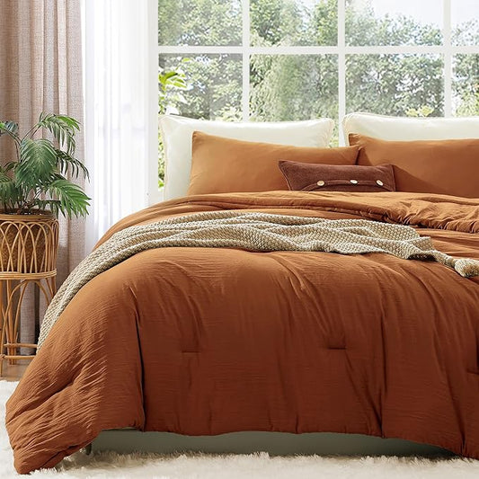 WRENSONGE Queen Comforter Set - 3 Pieces Prewashed Burnt Orange Comforter Soft Lightweight for All Seasons, Fluffy Down Alternative Comforter Queen Size with 2 Pillow Shams