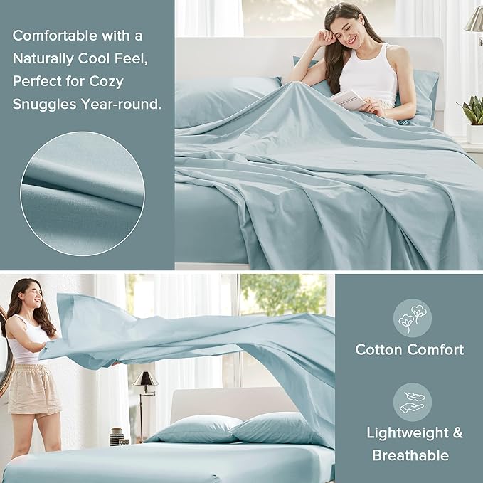 Comfort Spaces 100% Cotton Sheets Queen, Breathable, Soft Cotton Sheets, Naturally Cool Cotton Bed Sheets with 14" Elastic Pocket Fits up to 16" Mattress, All Season Sheet Set, Light Blue 4 Piece