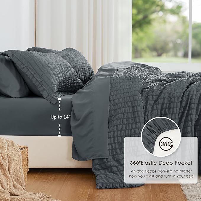 Love's cabin Seersucker Charcoal Grey California King Comforter Set, 7-Piece All Season Lightweight Bed in a Bag Bedding Set with Comforter, Flat Sheet, Fitted Sheet, Pillowcases and Shams | Soft, Breathable, Lightweight