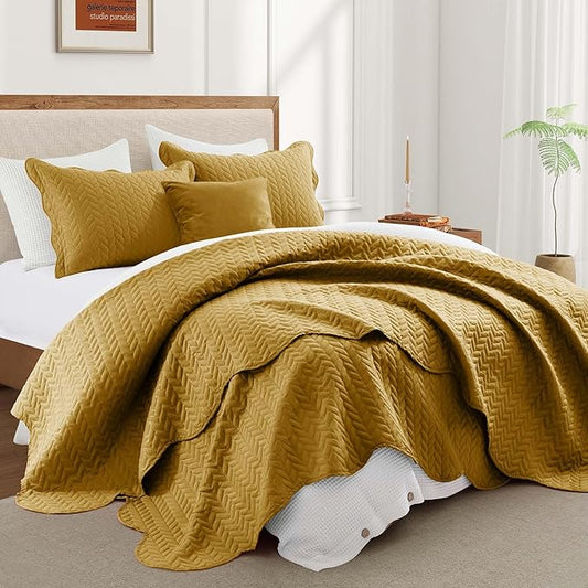 IR Imperial Rooms King Quilt Bedding Set Size (106" x 96") + 2 Pillow Shams (20" x 36"+ 2") - 3 Pcs All Season Lightweight Reversible Microfiber Coverlet Embossed Quilt Bedspread (Ochre)