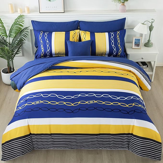8 Pieces Bed in a Bag Stripe Comforter Set Queen Size,Patchwork Striped Comforter with Sheets Set Soft Microfiber Boho Bedding Sets (Blue Yellow)