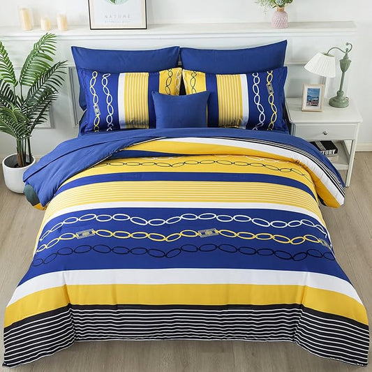 8 Pieces Bed in a Bag Stripe Comforter Set Queen Size,Patchwork Striped Comforter with Sheets Set Soft Microfiber Boho Bedding Sets (Blue Yellow)