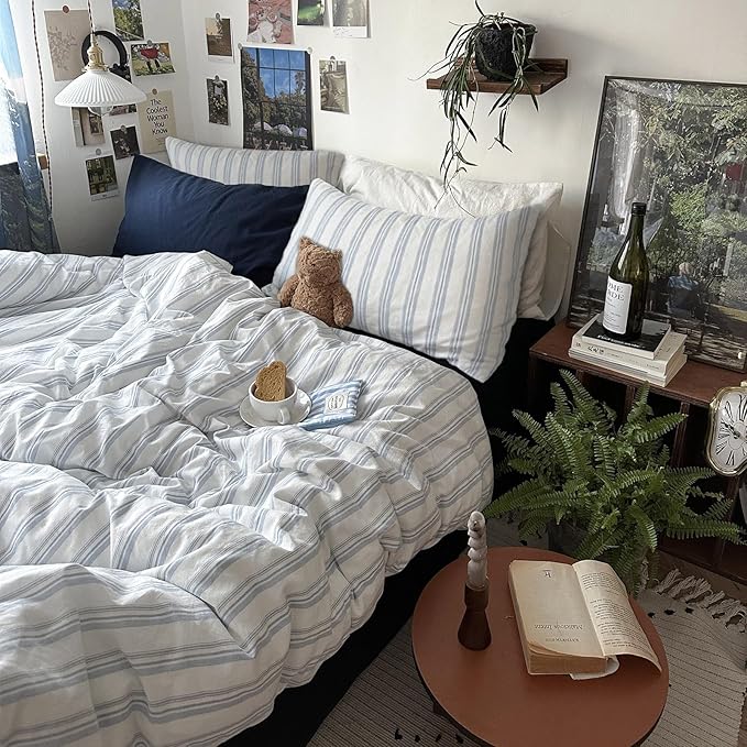 mixinni Vintage Blue & White Striped Duvet Cover Set - 3 Piece 100% Washed Cotton Twin XL Size Bedding | Minimalist Relaxed Style | Ultra Soft Breathable, with Zipper Closure & Corner Ties