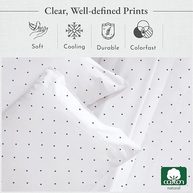 California Design Den Queen Sheet Set - 400 Thread Count Sateen, Natural 100% Cotton Sheets for Queen Size Bed, Deep Pocket and Durable Bedding - Polka Dot