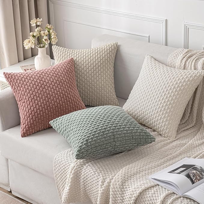 MIULEE Pack of 2 Decorative Throw Pillow Covers 20x20 Inch Soft Boho Striped Textured Corduroy Pillow Covers Modern Farmhouse Home Decor for Couch Bed Sofa Living Room Greyish Green