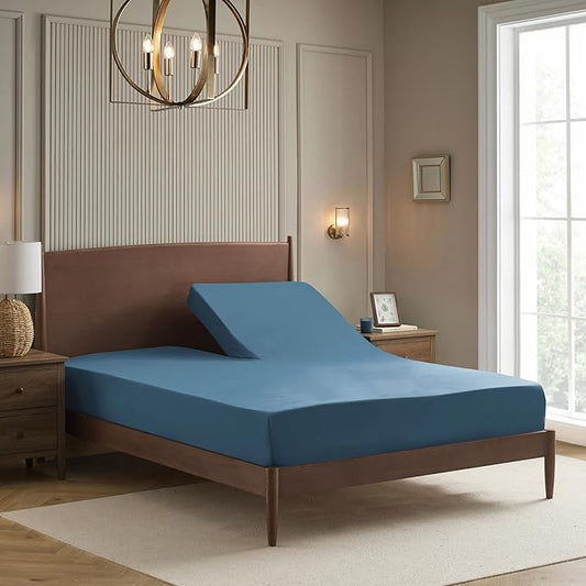 Split Head King Sheets Set for Adjustable Beds 4 Piece Flex Top Bed Sheets – Deep Pocket Split Top Fitted Sheet with Built-in Corner Straps, Luxury Soft Cooling Bedding, Wrinkle Resistant, Denim
