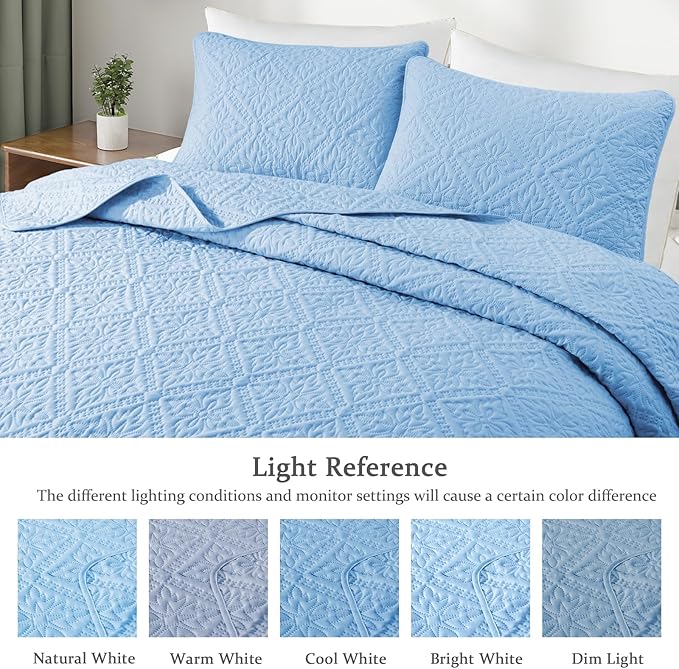 Exclusivo Mezcla California King Quilt Bedding Set, Lightweight Soft Bedspreads Coverlets with 2 Pillow Shams, Modern Light Blue Oversized Quilts King Size for All Seasons