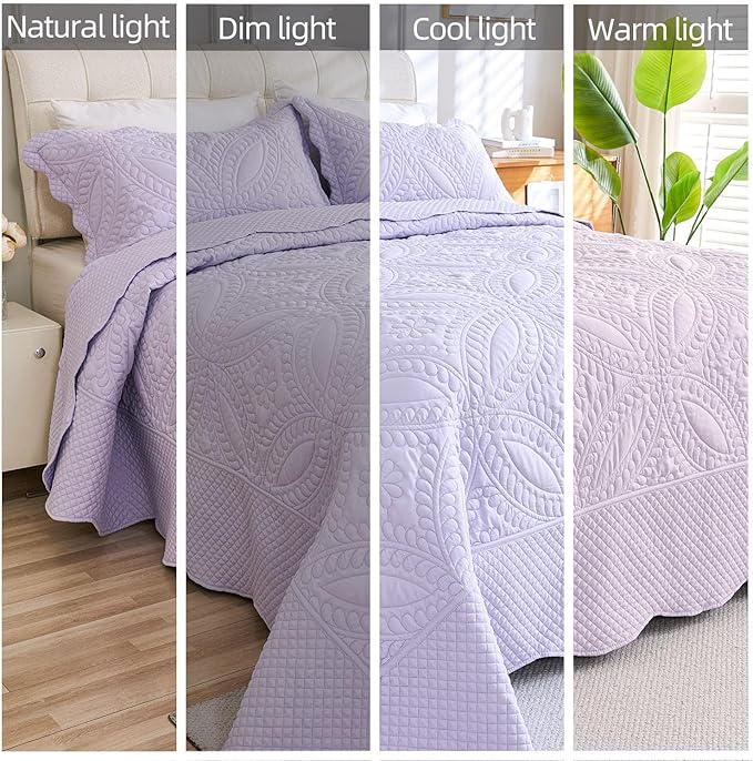 Cmfshape Oversize King Bedspread 128"x120",3 Piece California King Quilt,Lightweight Lavender Bed Quilt Set for All Season,Modern Coin Pattern Bedding Set