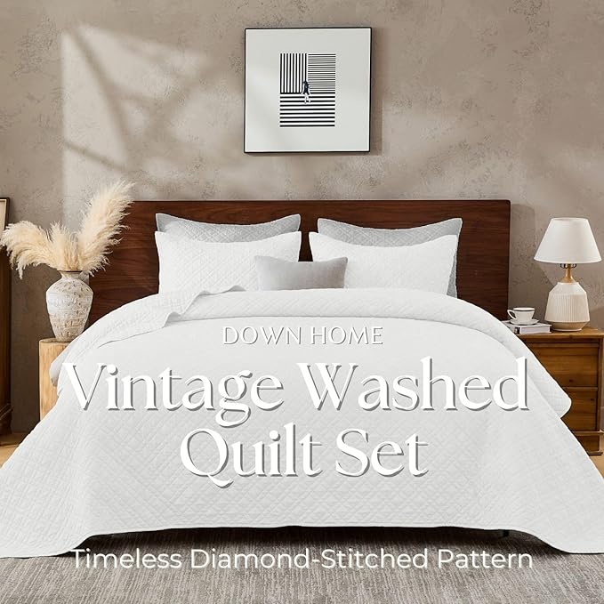 Queen Quilt Set with Shams Lightweight Quilted Bedspread Coverlet Thin Comforter Bed Cover Vintage Washed Quilted Blanket for All Season, Brushed Microfiber Diamond Stitching, White, 88"x92"