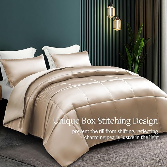 Whale Flotilla 2-Piece Reversible Silky Soft Twin Size Comforter Bedding Set, Luxurious Satin Comforters with Satin Pillowcase, Lightweight Duvet for All Seasons, Champagne