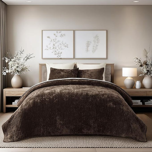EVERGRACE Velvet Quilt Set Queen Size, Luxurious Soft Striped Channel Bedding Set, Lightweight Velvet Comforter for All Season, Oversized Bedspread Coverlet with 2 Matching Shams, Walnut Brown