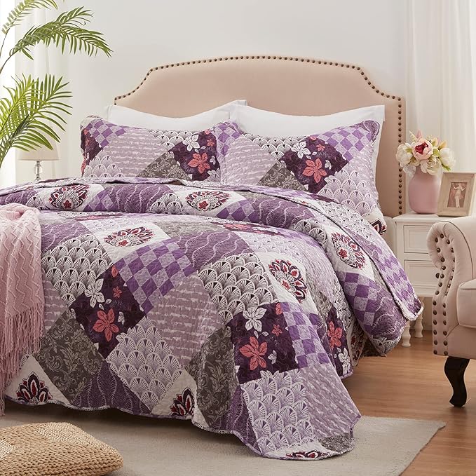 Full/Queen Size Quilt Set 3 Piece Lightweight Reversible Bedspread-90''x98'' Soft Patchwork Floral Coverlet Luxurious Warm Microfiber Bed Cover All Seasons Purple Bedding Set(1 Quilt,2 Pillow Shams)
