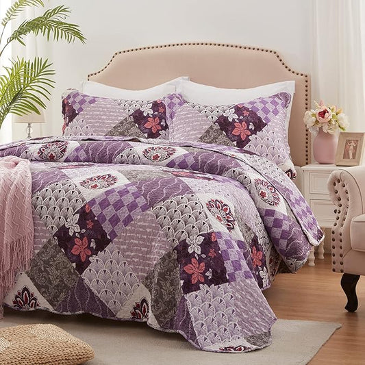 Full/Queen Size Quilt Set 3 Piece Lightweight Reversible Bedspread-90''x98'' Soft Patchwork Floral Coverlet Luxurious Warm Microfiber Bed Cover All Seasons Purple Bedding Set(1 Quilt,2 Pillow Shams)