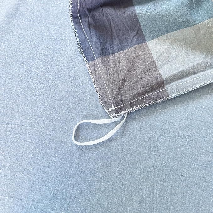 FACE TWO FACE Bedding Duvet Cover Set100% Washed Cotton Duvet Cover Linen Like Textured Breathable Durable Soft Comfy (Full, Cardamom Blue Grid)