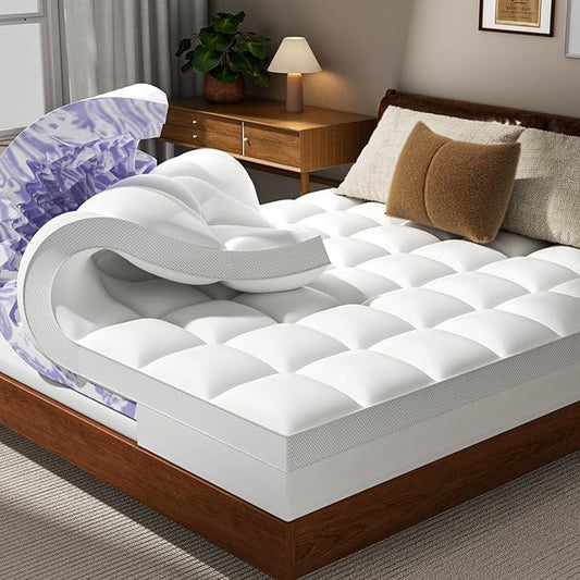Dual Layer 5 Inch Memory Foam Mattress Topper Queen - 2 Inch Gel Memory Foam and 3 Inch Pillow Top Mattress Pad, 7-Zone Egg Crate Queen Size Mattress Topper(Cream)