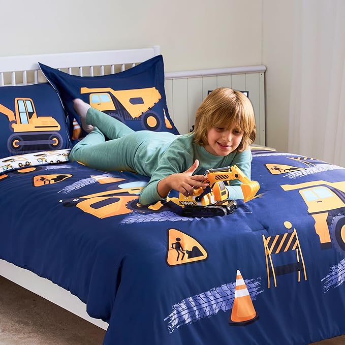 Joiedomi Kid Twin Comforter Set 5 Piece Construction Vehicle Bedding Set for Boys Girls Super Soft Microfiber Bed in a Bag with Comforter Sheets Pillowcase Sham