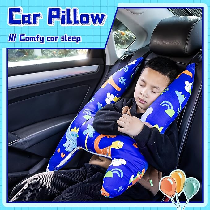 H-Shape Car Seat Pillow for Kids (Blue Dinosaur), Kids Car Pillows for Sleeping, Child Car Sleeping Head Support, Travel Neck Rest Car Seat Pillow for Children Sleeping