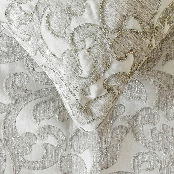 The HomeCentric King/Queen/Twin Silver Luxury Full 68"x18" Bed Runner with One Pillow Cover, Abstract, Floral, Bead Hand Embroidery Bed Scarf on Jacquard Fabric - Ethereal Silver