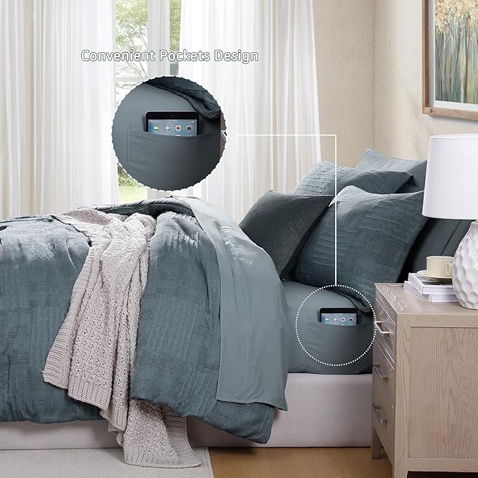 MaiRêve King Comforter Set Dusty Blue, Textured Design Crinkle Bedding Sets 7 Pieces, All Season Bed in A Bag with Comforter, Sheets, Pillowcases & Shams