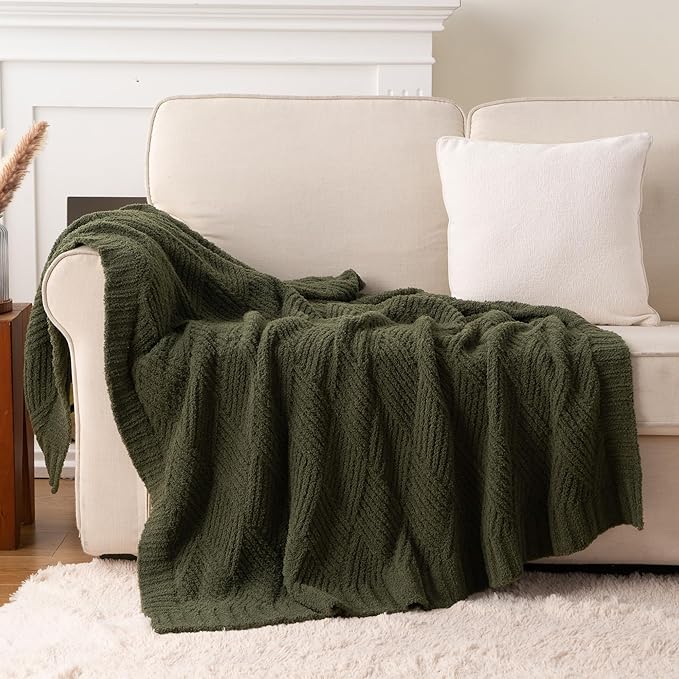 Battilo Olive Green Diamond Knit Throw Blanket for Couch and Bed, Soft Textured Chenille Blanket, Cozy Lightweight Decorative Blanket for Sofa, 50"x60"