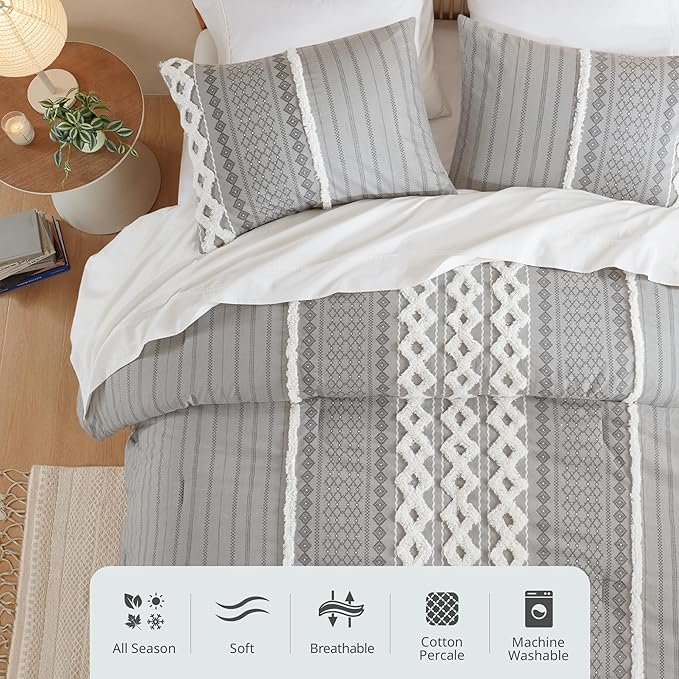 INK+IVY Comforter for Queen Size Bed, Chenille Tufted, Breathable Cotton Comforter Set Queen, All Season Modern Boho Comforter with Farmhouse Bedding Flare, 2 Matching Shams, Queen Gray 3 Piece