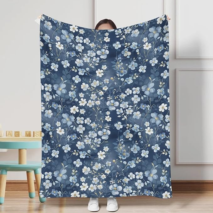 Wonderful Flowers Baby Blankets for Boy Girl Navy White Wild Flowers Leaves Receiving Swaddle Blankets Boho Spring Garden Soft Flannel Newborn Toddler Nursery Crib Bed Blankets Playmat 50x60