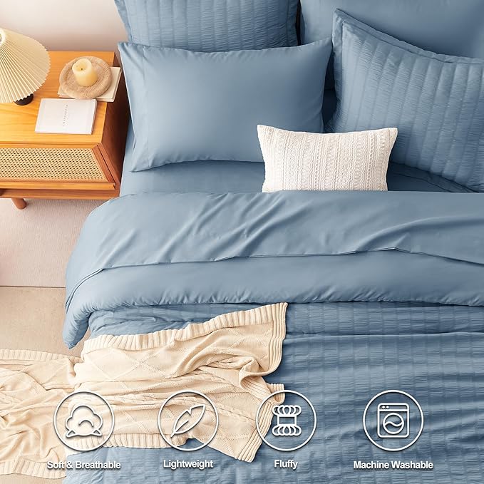 CozyLux Grayish Blue King Size Comforter Set Seersucker 7 Pieces Dusty Blue Bed in a Bag King Comforter Set with Sheets, Luxury Bedding Set with Down Alternative Comforter, Sheets, Pillowcases & Shams