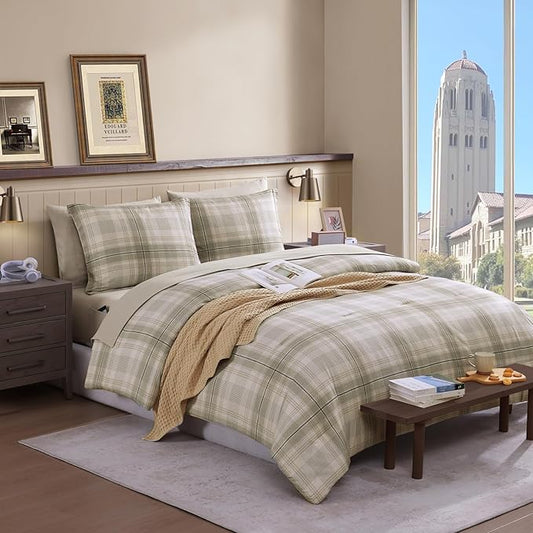 Plaid Queen Comforter Set, Khaki Green Bedding Set 7 Piece for Boys Girls Teen, Classic Homestead-Style Kids Comforter Set Bed in A Bag with Sheets, Pillowcases & Shams