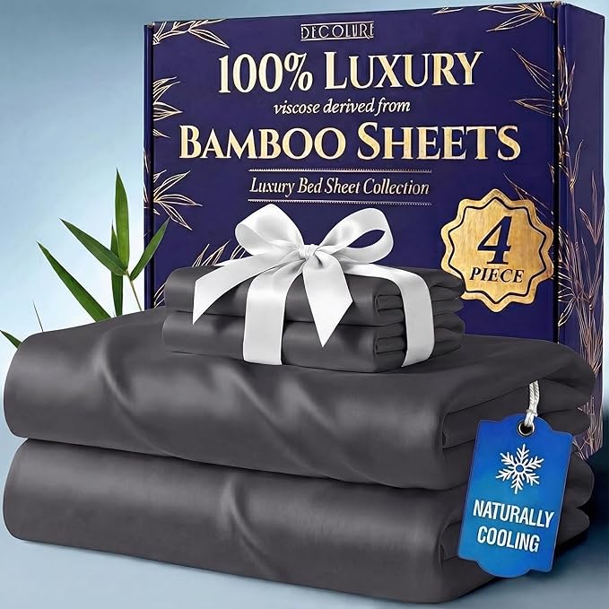 DECOLURE 100% Viscose Derived from Bamboo Sheets Queen Size - Luxury 4 Pc Naturally Cooling Sheets, Ultra Soft Bed Set - Deep 17" Pockets, Durable Double Stitching, Oeko Tex Standard (Charcoal)
