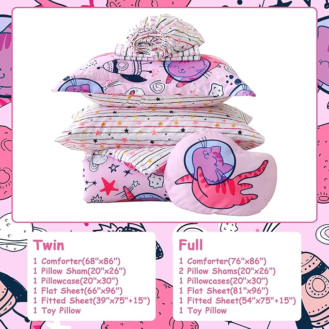 Mooreeke Kids Twin Comforter Sets for Girls 6 Pieces Cute Space Cat Bedding Set for Teens Microfiber Pink Kids Bed in A Bag with Comforter, Sheet Set, Shams and Decorative Toy Pillow All Season
