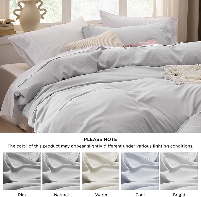 Bedsure Light Grey Duvet Cover Queen Size - 3 Pieces Prewashed Cotton-Like Extra Soft Bedding Set, Includes 1 Duvet Cover 90x90 Inches with Zipper Closure & 2 Pillow Shams, Comforter Not Included
