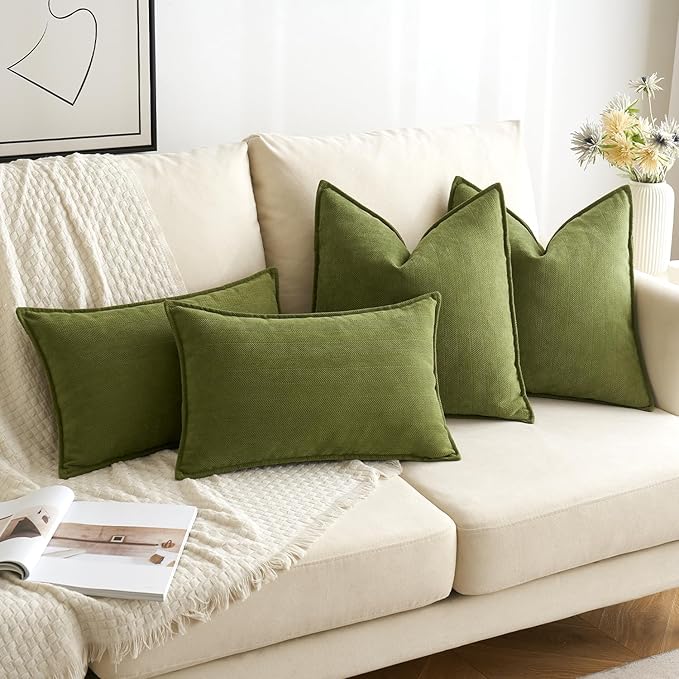 MIULEE Pack of 2 Moss Green Decorative Pillow Covers 18x18 Inch Soft Chenille Luxurious Couch Throw Pillows Farmhouse Cushion Covers with Elegant Design for Sofa Bedroom Living Room Spring Home Decor
