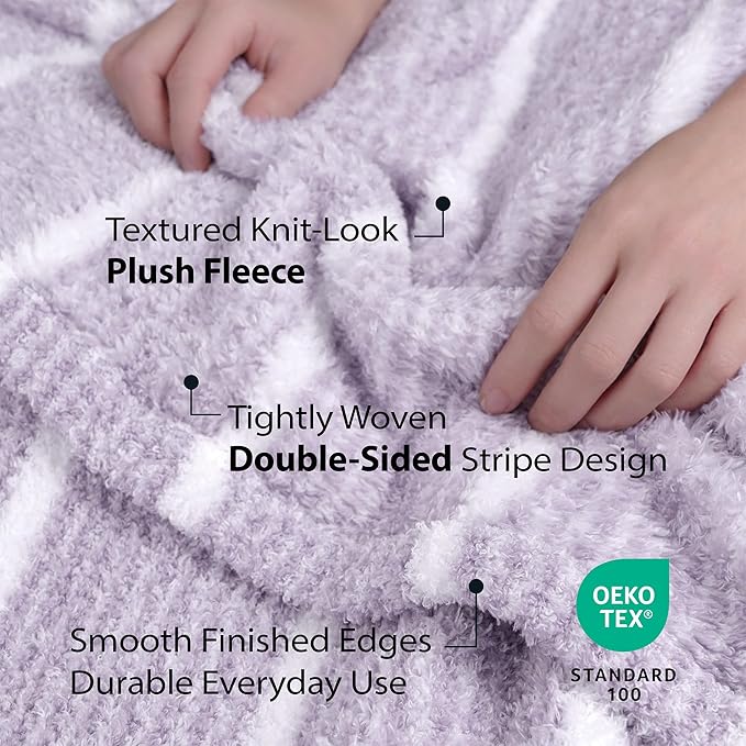 DEZ FURNISHINGS Oversized Cozy Knit Look Cloud-Soft Plush Printed Fleece Throw Blanket, Lightweight & Breathable, Queen (90" x 90"), Gray Purple Stripe