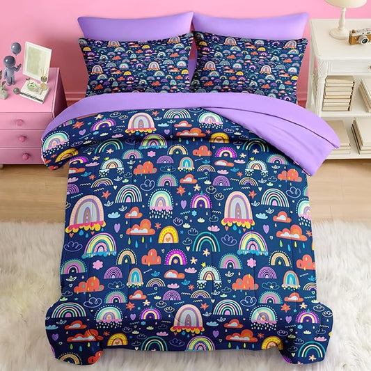 Comforter Set Queen Size, Cute Boho Rainbow 7 Pcs Bedding for Kids and Adults, Colorful Nursery Cloud Bed Sheet Sets with Fitted Sheet 2 Pillowcases & 2 Shams for Bedroom Bed Decor