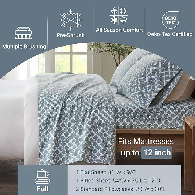 True North by Sleep Philosophy Cozy Flannel Warm 100% Cotton Sheet - Novelty Print Animals Stars Cute Ultra Soft Cold Weather Bedding Set, Full, Blue Geo 4 Piece