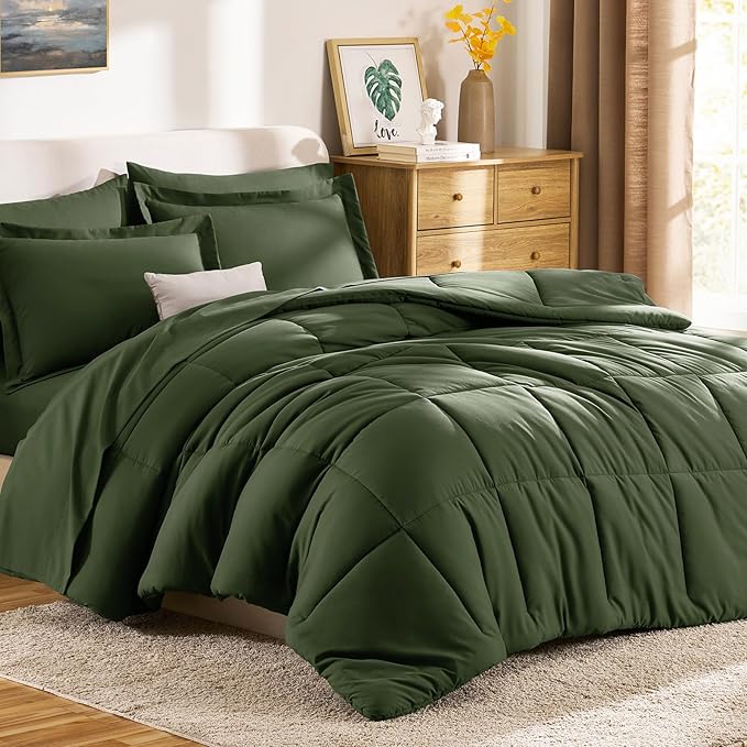 CozyLux Full Size Comforter Sets Olive Green - 7 Pieces Bed in a Bag Full, Oeko-Tex Certified Bed Set, All Season Soft Bedding Set with Down Alternative Comforter, Sheets, Pillowcases & Pillow Shams