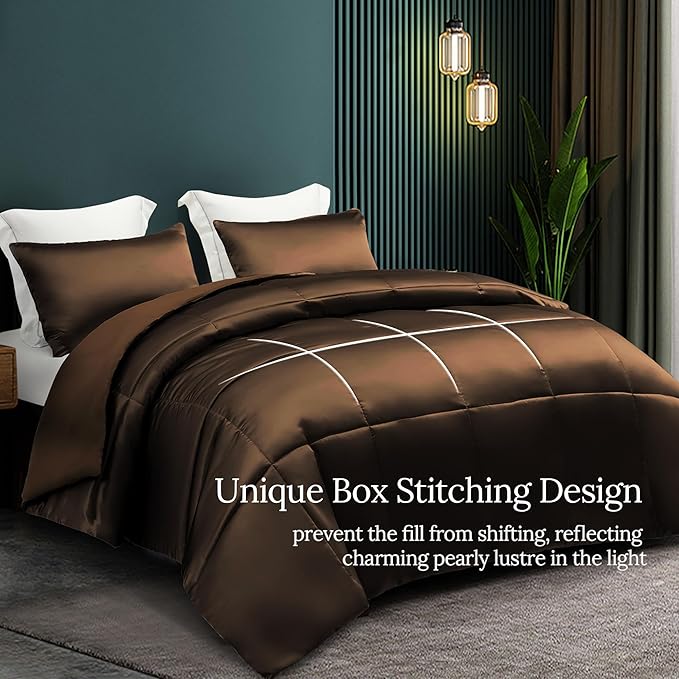 Whale Flotilla 2-Piece Reversible Silky Soft Twin Size Comforter Bedding Set, Luxurious Satin Comforters with Satin Pillowcase, Lightweight Duvet for All Seasons, Brown