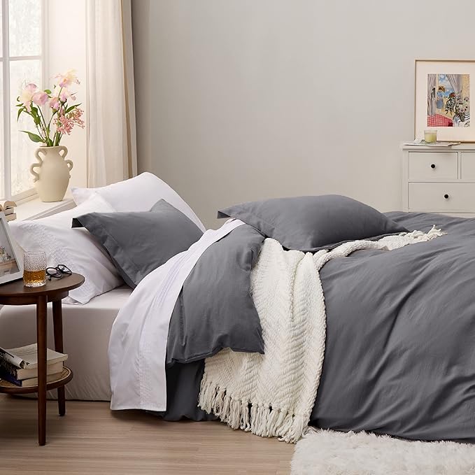 Bedsure Dark Grey Duvet Cover King Size - 3 Pieces Prewashed Cotton-Like Polyester Extra Soft Bedding Set, Includes 1 Duvet Cover 104x90 Inches with Zipper Closure & 2 Pillow Shams, No Comforter