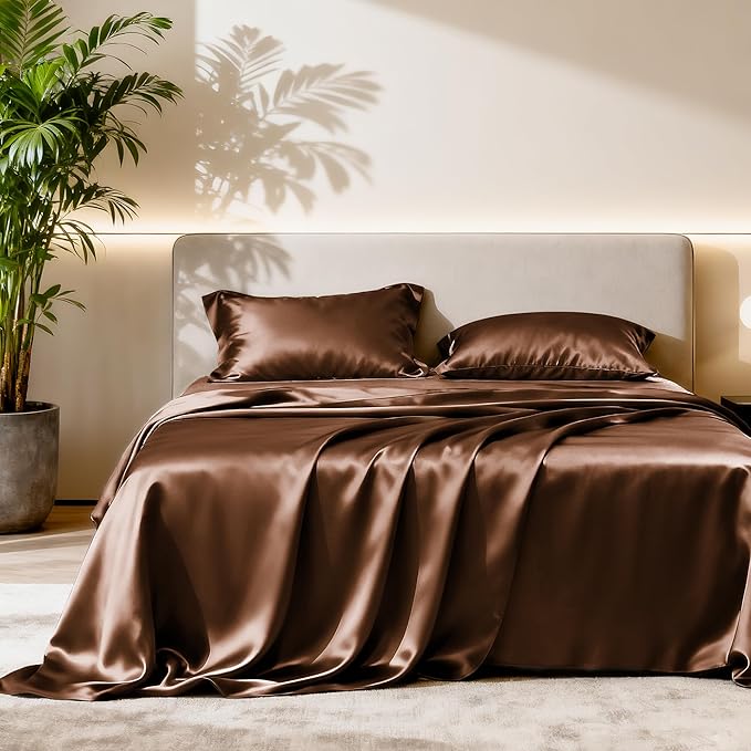 Love's cabin Satin King Sheet Sets - 4 Piece Brown Silky Sheets King Size Bed with Deep Pocket, Luxury Silk Feel King Size Satin Sheet Set (1 Flat Sheet,1 Fitted Sheet,2 Pillow Cases)