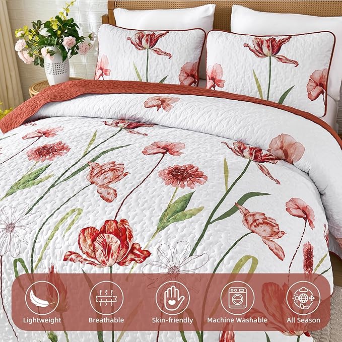 WONGS BEDDING Red Quilt Set Queen Size, Cute Red Floral Botanical Bedspread Bedding Set with 2 Pillowcase, Lightweight Farmhouse Coverlet Set for All Season (96"x90")