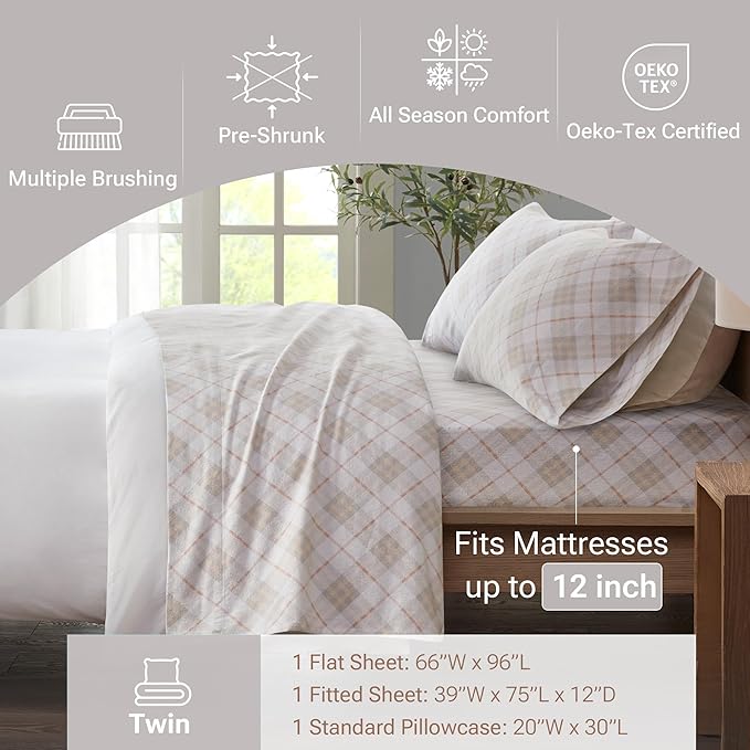 True North by Sleep Philosophy Cozy Flannel Warm 100% Cotton Sheet - Novelty Print Animals Stars Cute Ultra Soft Cold Weather Bedding Set, Twin, Pink Plaid 3 Piece