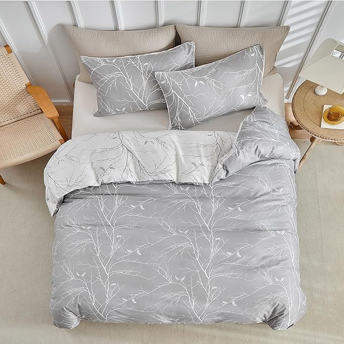 Lekesky Reversible Duvet Cover Queen Size, Grey White Branch Comforter Cover Queen 3pcs Microfiber Botanical Bedding Set with Zipper Closure Corner Ties