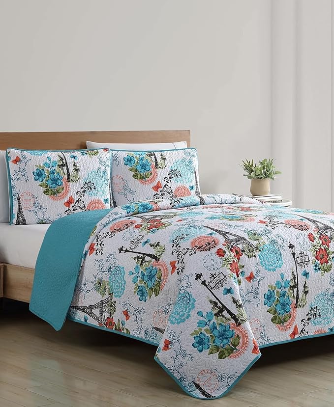 VCNY Home Blue Quilt for Queen Bed - 3-Piece Full or Queen Comforter Alternative, Bedspread Coverlet with Shams (Eiffel Paris Decor)