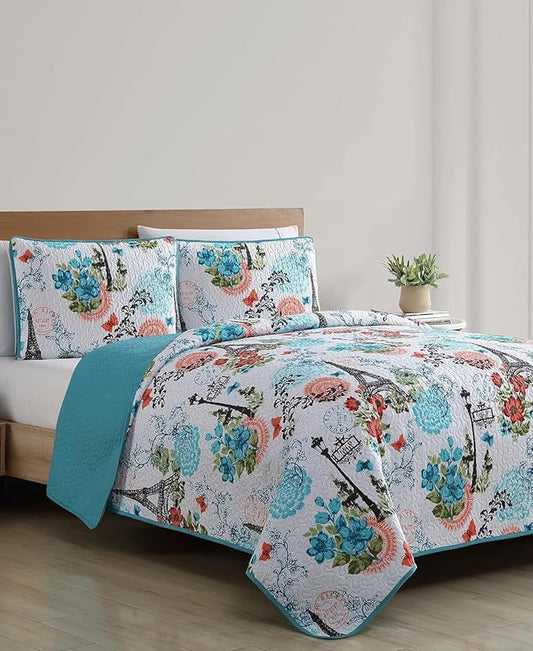 VCNY Home Blue Quilt for Queen Bed - 3-Piece Full or Queen Comforter Alternative, Bedspread Coverlet with Shams (Eiffel Paris Decor)