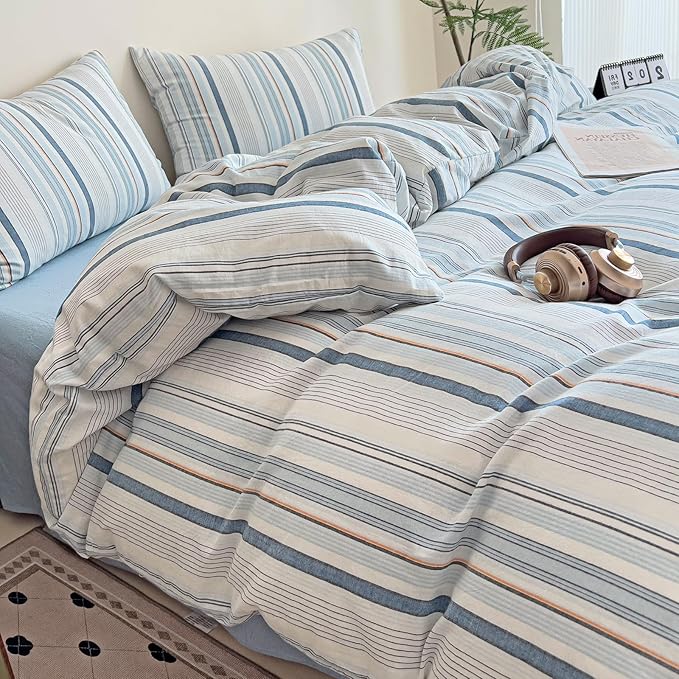 VM VOUGEMARKET Blue Striped Duvet Cover Set King 100% Washed Cotton Linen Like Textured Breathable Durable Soft Comfy Bedding Set - King 104"x90"
