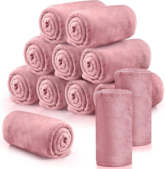 Tinideya 12 Pcs Flannel Fleece Throw Blanket Bulk 50 x 60 Inch Soft Fleece Blanket Warm Throw Blanket Coral Blankets for Couch Sofa Home Wedding Gifts Season (Light Pink)
