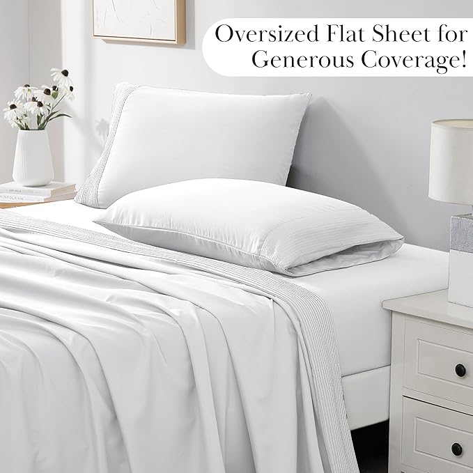 Southshore Fine Living, Inc. Pleated Hem, 4-Piece, 21 Inch Extra Deep Pocket Sheets Full Size Set with Embroidered Decorative Hem, for Thick Mattress, Easy Care Microfiber, Bright White