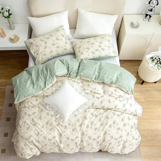 CottonLife Floral Duvet Cover Twin 100% Brushed Microfiber 3 Pieces Bedding Sets, Reversibl Chic Garden Style Floral Pattern Flower Twin Duvet Cover with Zipper Closure