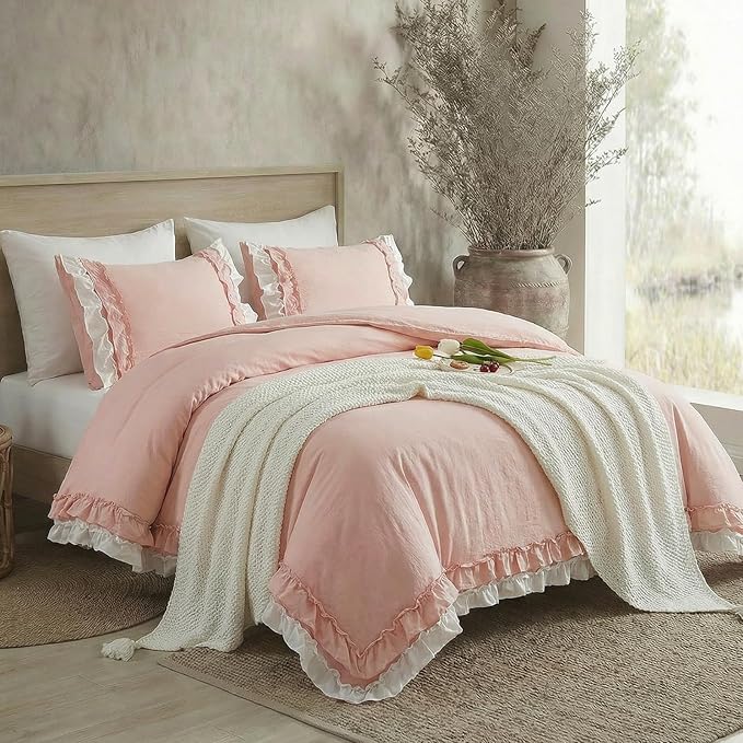 Bedorm Ruffle Duvet Cover King Coquette Bedding Ultra Soft Breathable Shabby Chic Bedding Pink Ruffled Duvet Cover Set Cute Comforter Cover